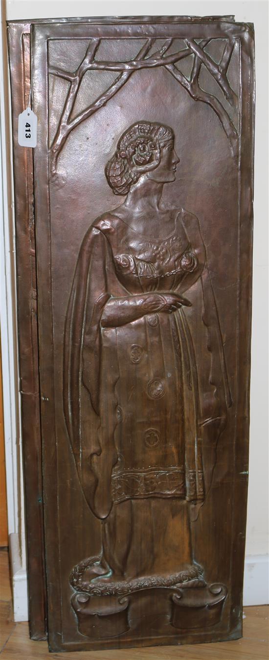 A pair of Arts and Crafts copper plaques decorated in relief with King Arthur and Gwendolyn, 100 x 33cm, unframed